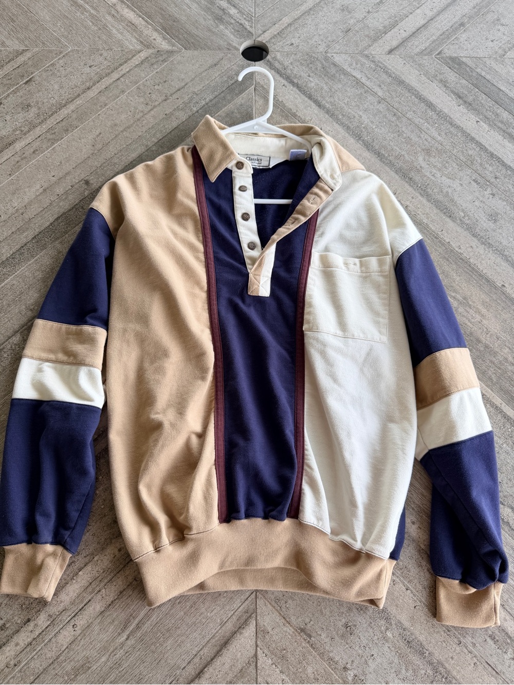 Men's Colorblock Rugby Pullover Sweater - Navy, Tan & Cream